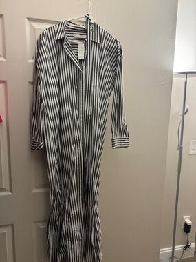 LOFT Black and White Striped Long Sleeve Maxi Shirt Dress